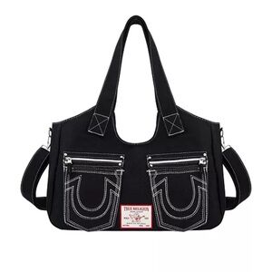 True Religion Black Canvas Tote Bag – Logo Stitching & Pocket Detail